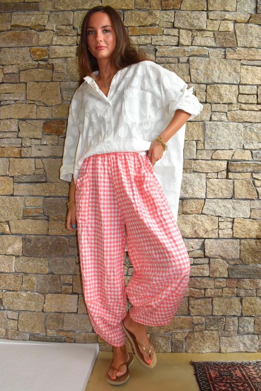 Nonni Gingham Shelby Barrel Pant Sherbet Coral